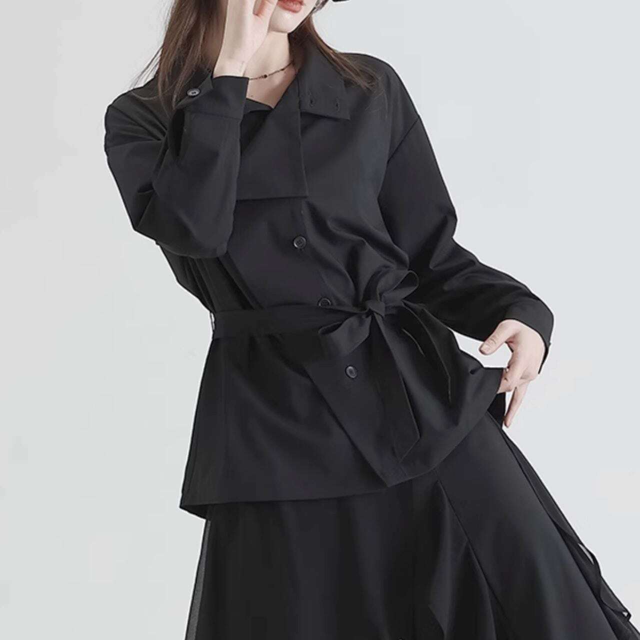 Belted asymmetrical long sleeve shirt blouse C0948