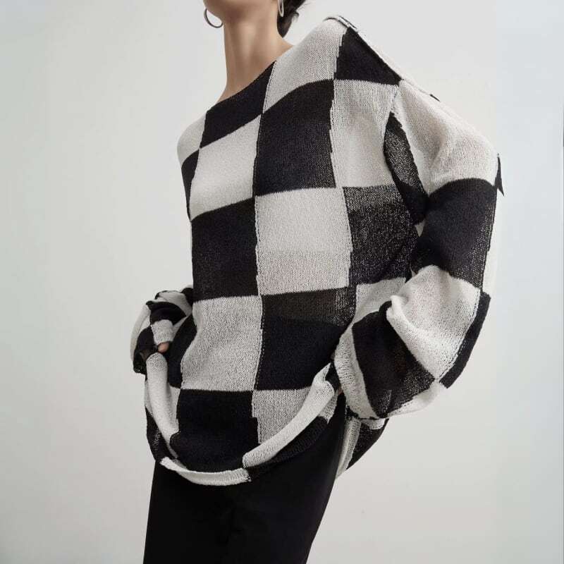 【Oversized checkerboard knit sweater C1248】