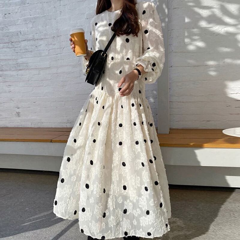 ドット柄フラワーフレアロングワンピース　11000