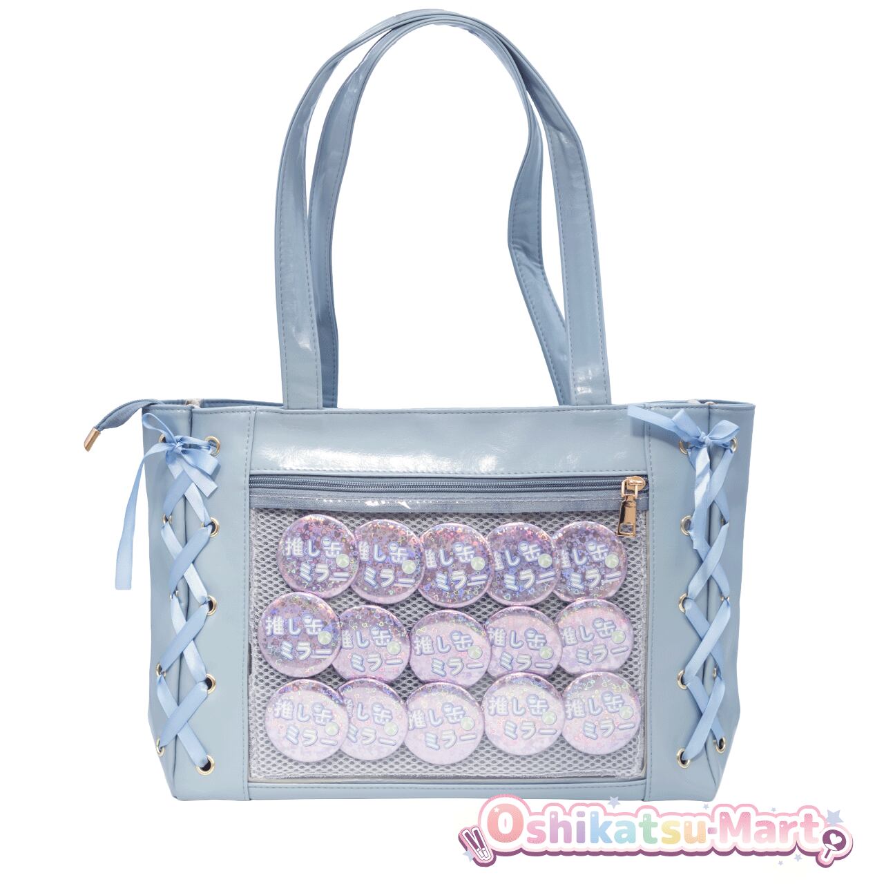 57mm缶バッジが15〜20個程度入れられます。