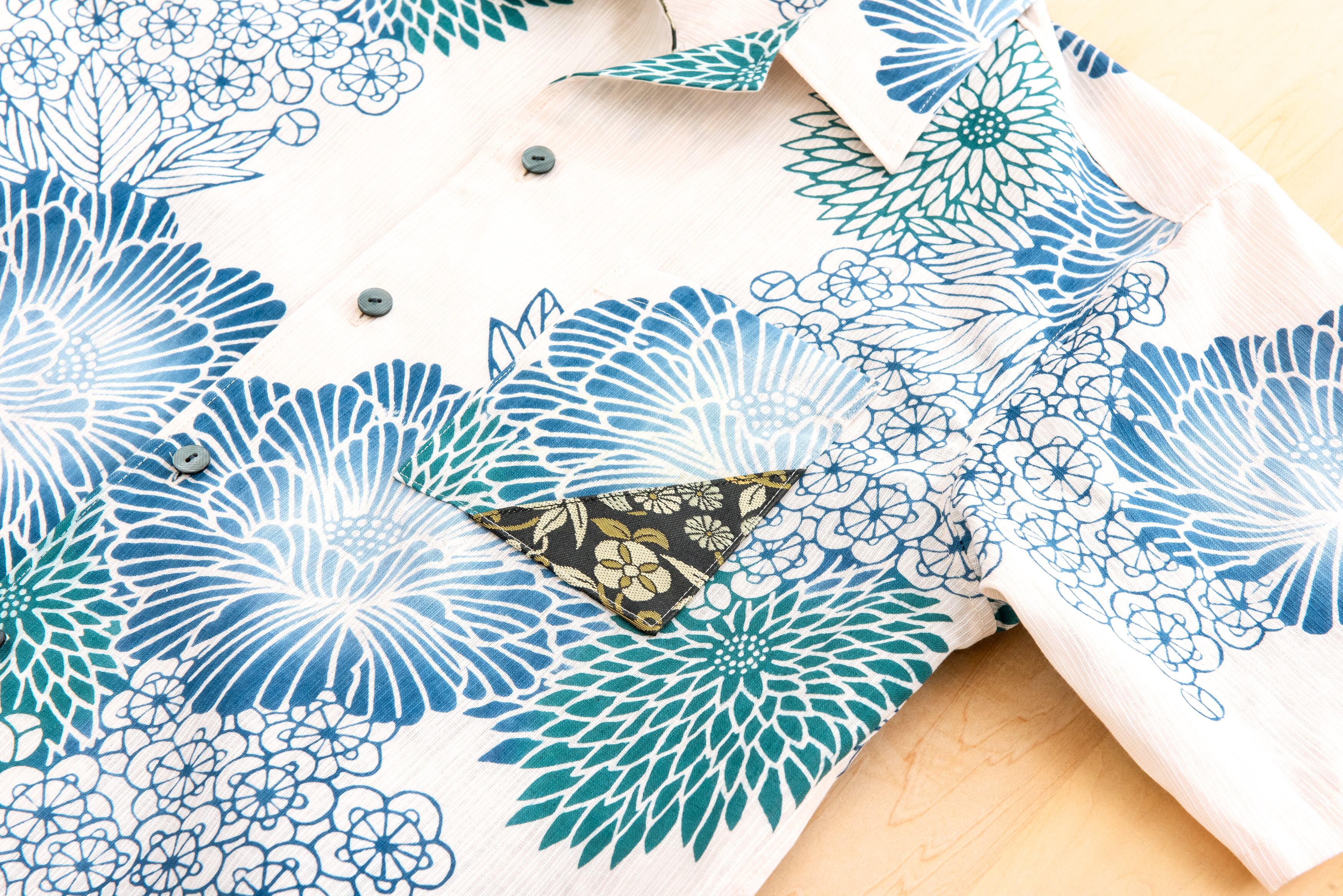 メインの生地に『浜松･注染そめ』 襟元・背中・ポケットに『京都･西陣織』の帯をアクセントとして使用。