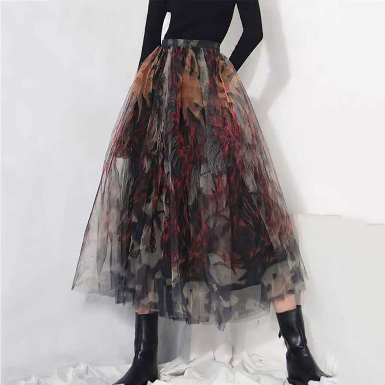 【Printed high waist long skirt C1103】