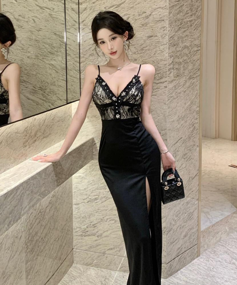 ロングドレス キャバドレス セクシー レース スリット入り