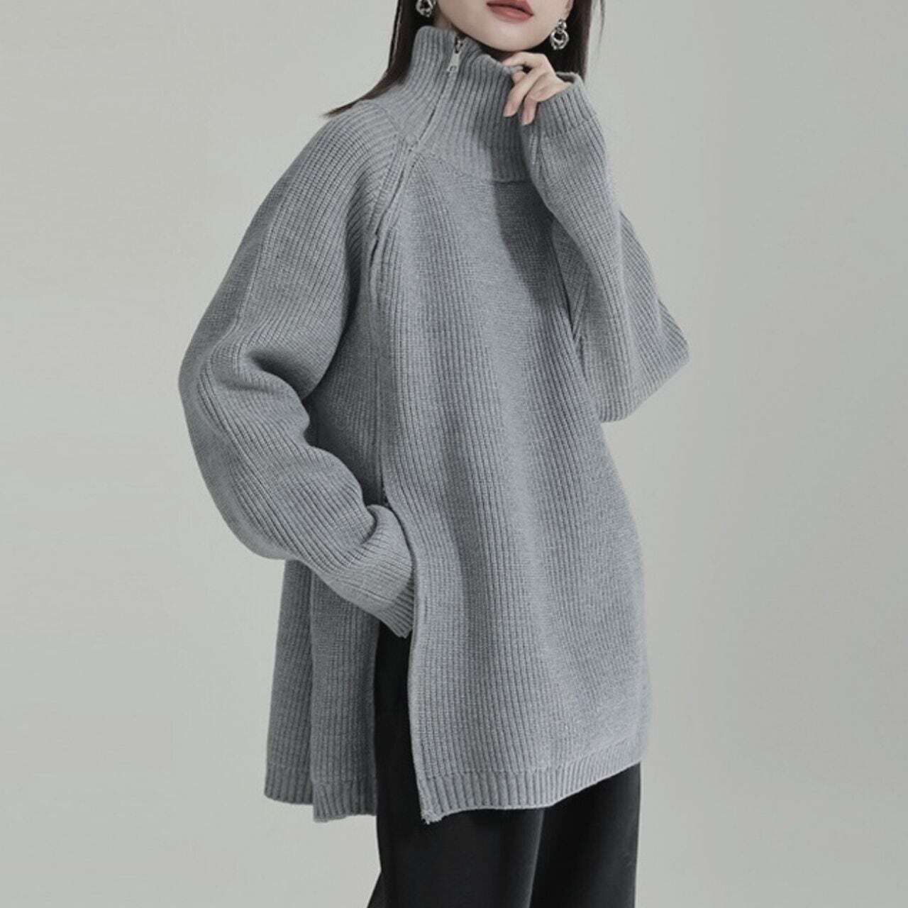 【Side zip oversized chunky knit sweater C0860】
