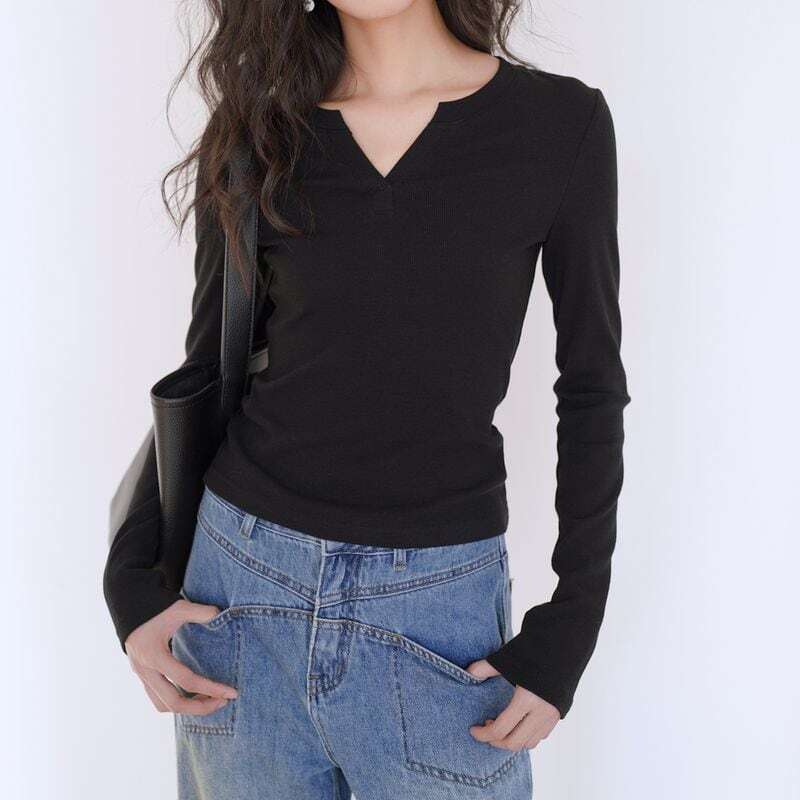 ・Slit neck long sleeve ribbed top ◇2color　TH2661