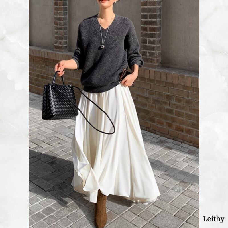 ・High waist white flared long skirt　TH3129