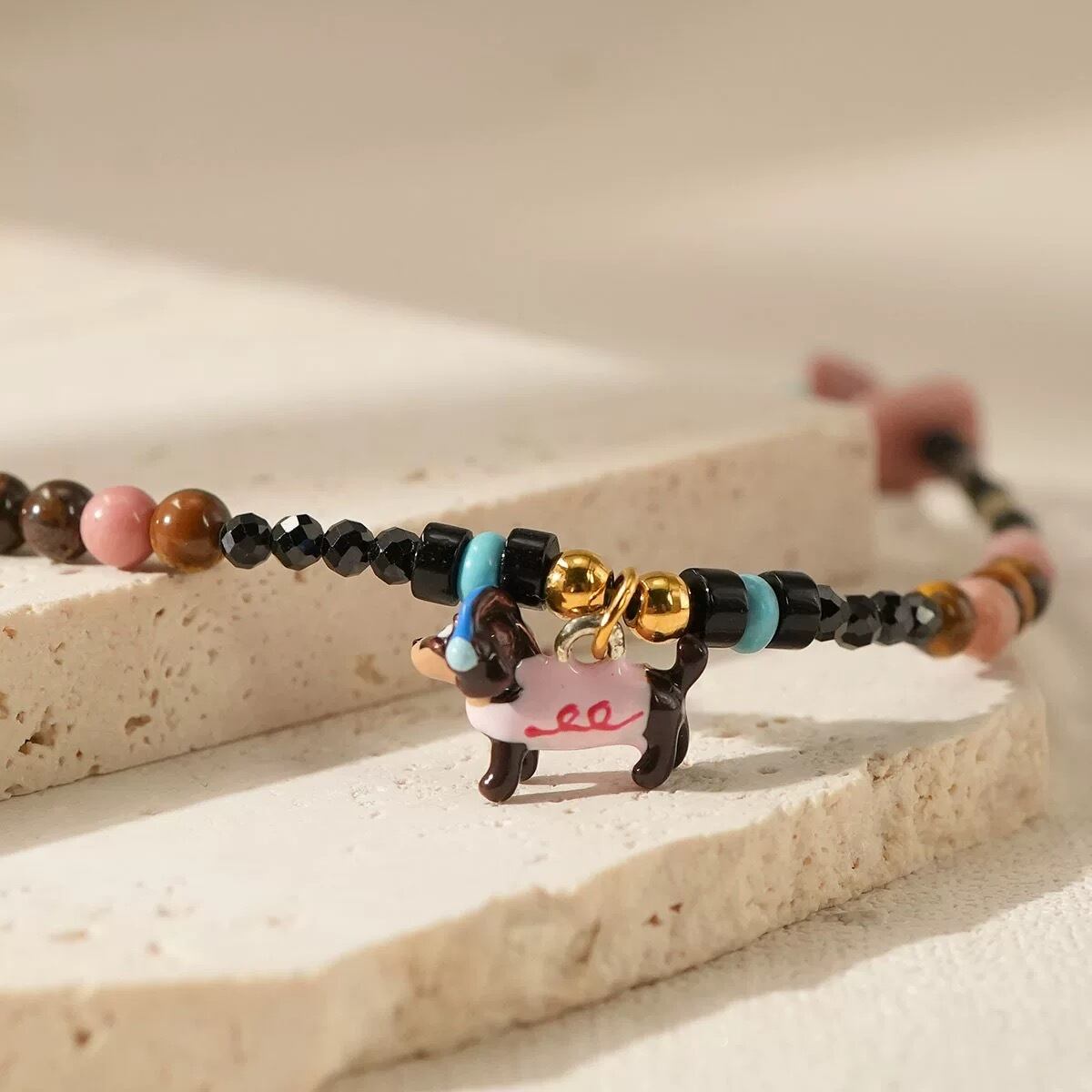 ハンドメイド ピンク×ブラック ビーズ 犬 ネックレス | rumiru
