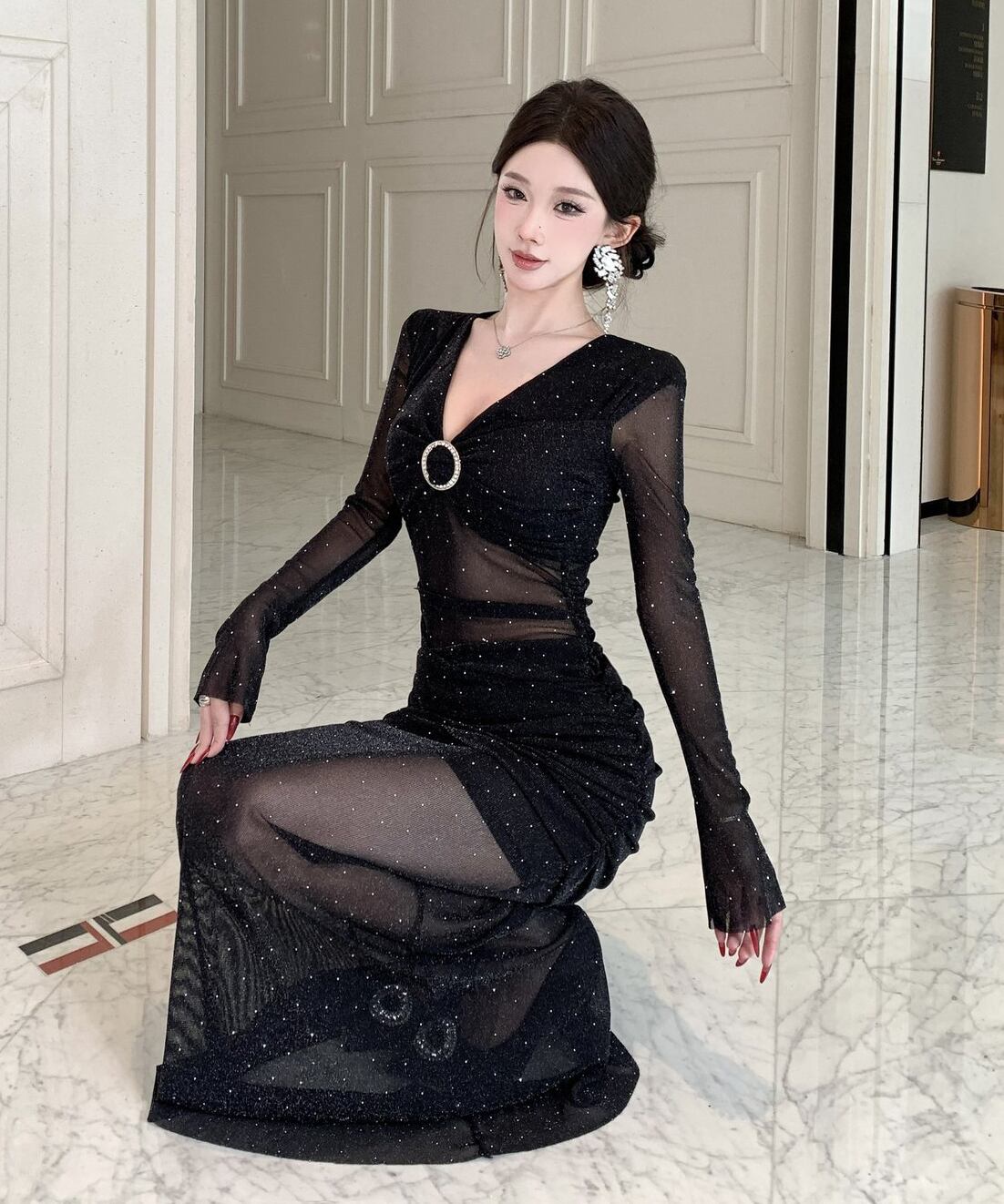 Lady's coco ロングドレス キャバドレス セクシー ストーン 深Vネック