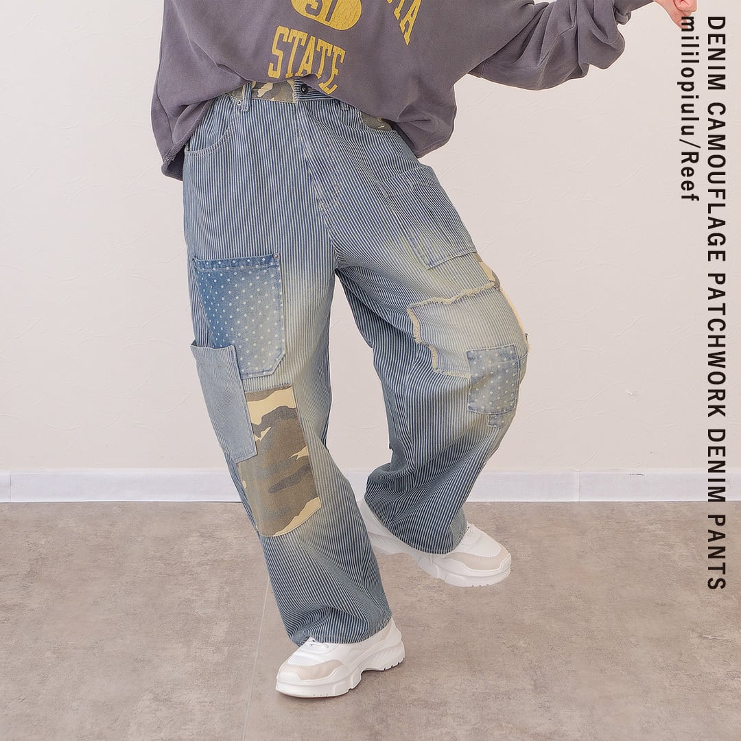 再入荷✨【デニム×迷彩柄 パッチワークパンツ】 ST-225946 Brand