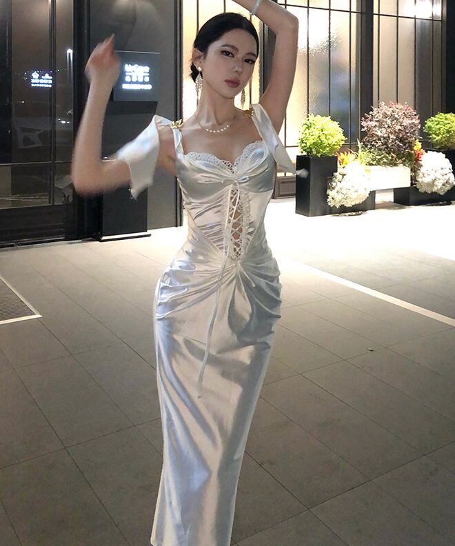 ロングドレス キャバドレス セクシー フレンチ サテン バックレス