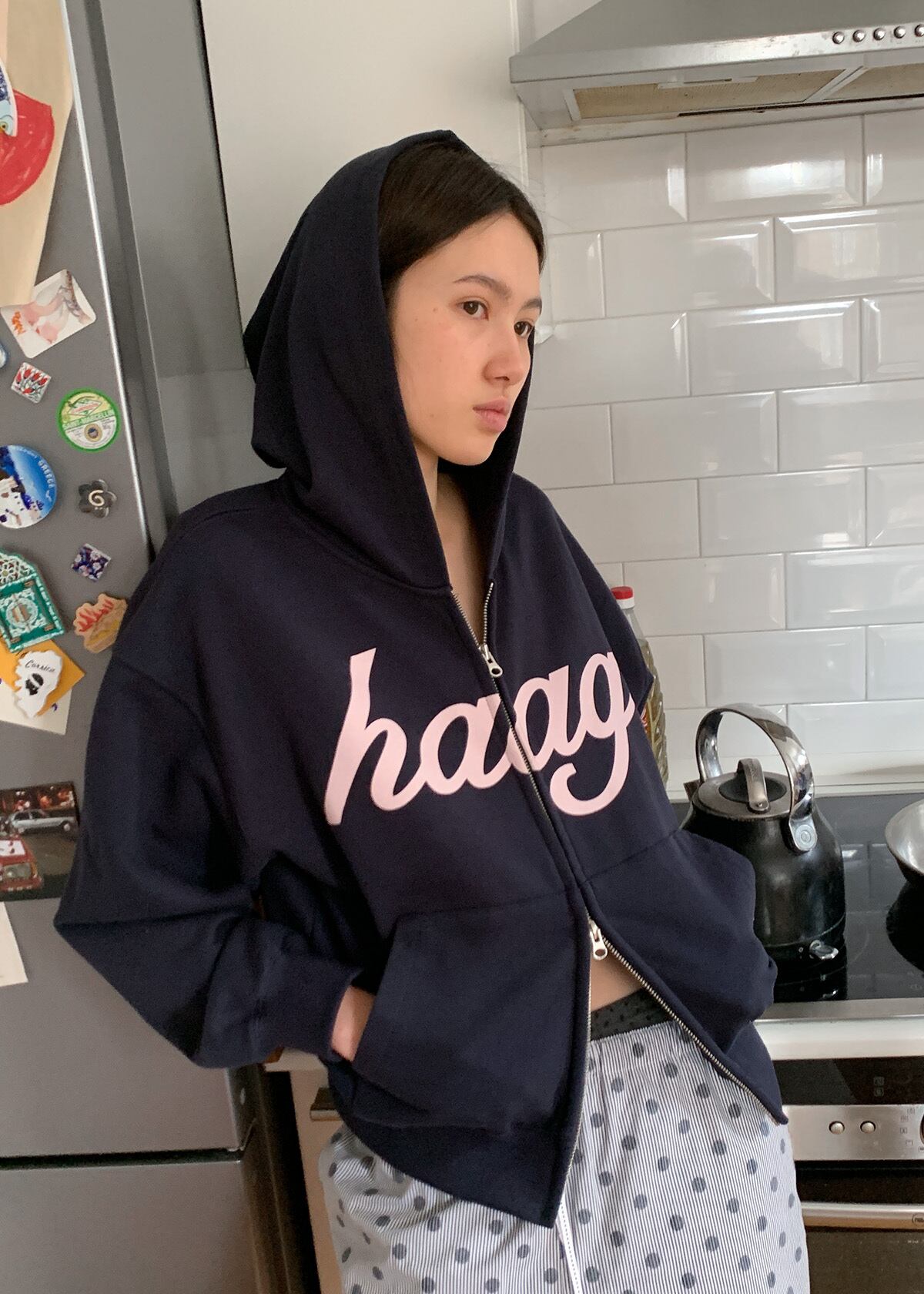 haag ミックスフーディージップアップ　パーカー　ネイビー 韓国 haag》a mix hoodie zip-up (navy) 人気 パーカー (haag