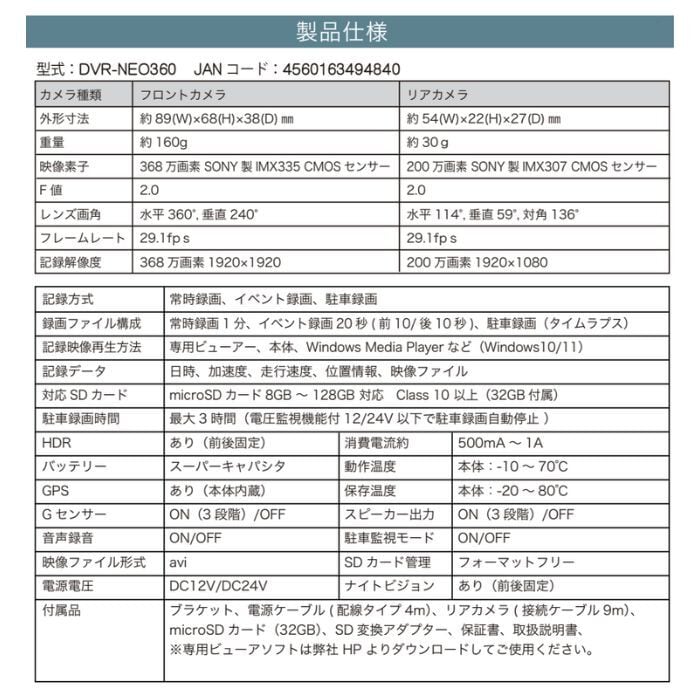 WATEX 360°超広角視野カメラドライブレコーダー DVR-NEO360 ☆日本製