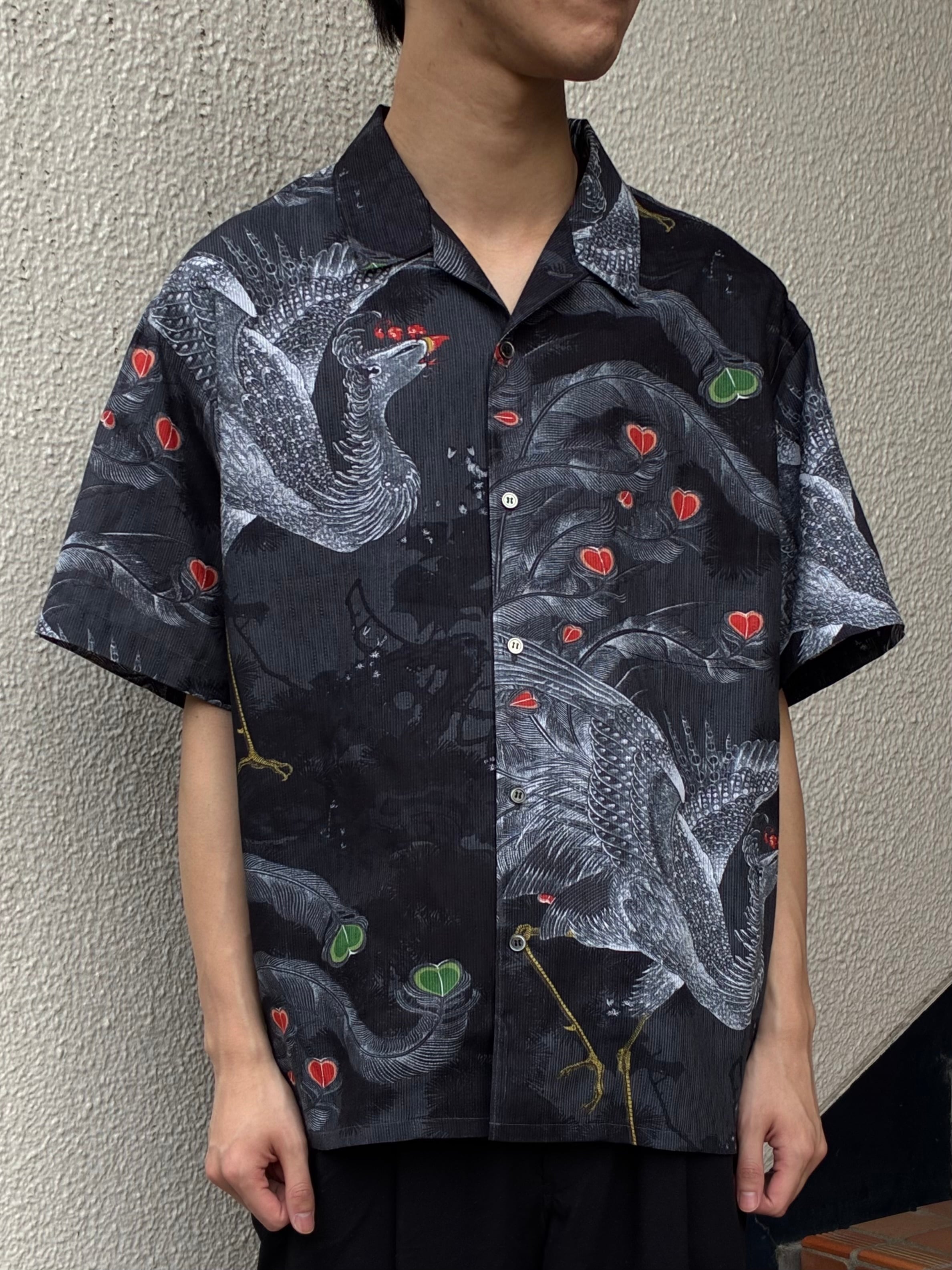 オープンカラー半袖シャツ / 型染め / 伊藤若冲 / 鳳凰 / CHARCOAL | Y