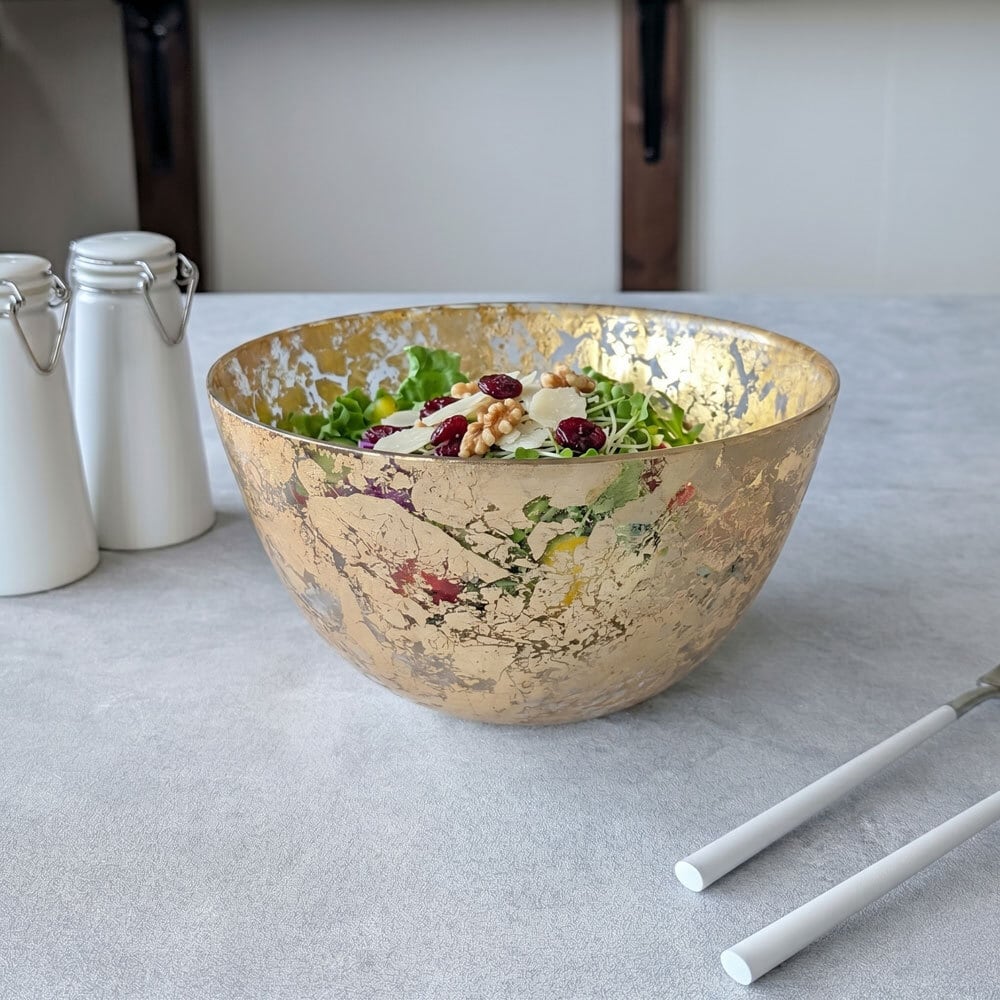 サラダボール　ガラス　金箔　手作り ラーラボウル 21cm ゴールド ガラス ボウル 大鉢 パーティーボウル