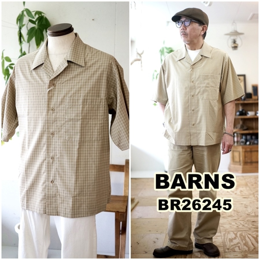 BARNS バーンズアウトフィッターズ 半袖オープンカラーチェックシャツ 