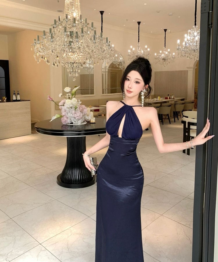 ロングドレス サテンマーメイドワンピース レディース ネイビー