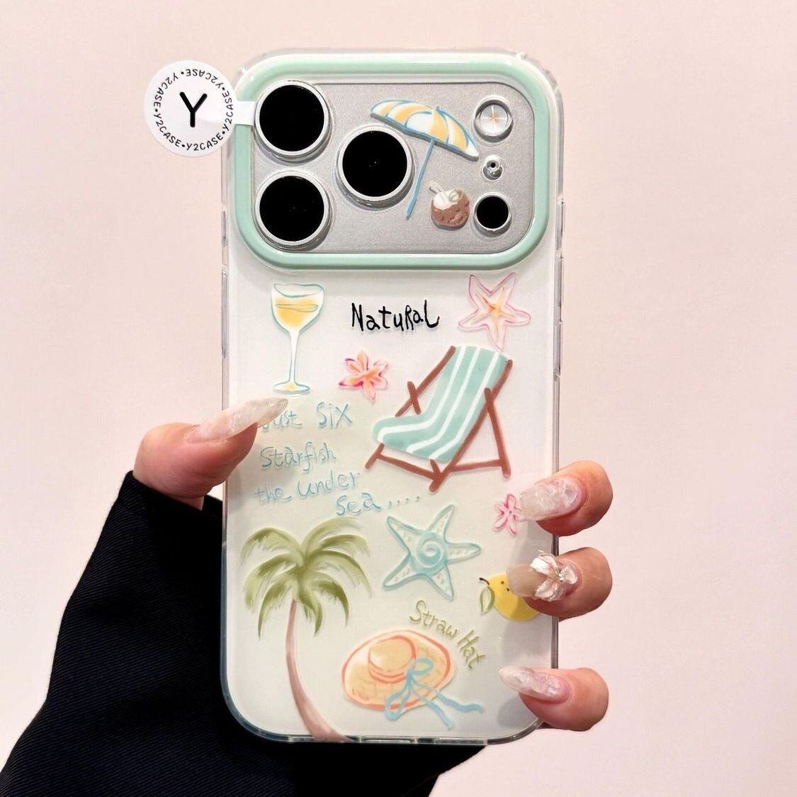 307.さわやか夏ビーチスマホケース リゾートヤシの木・ヒトデ柄クリア