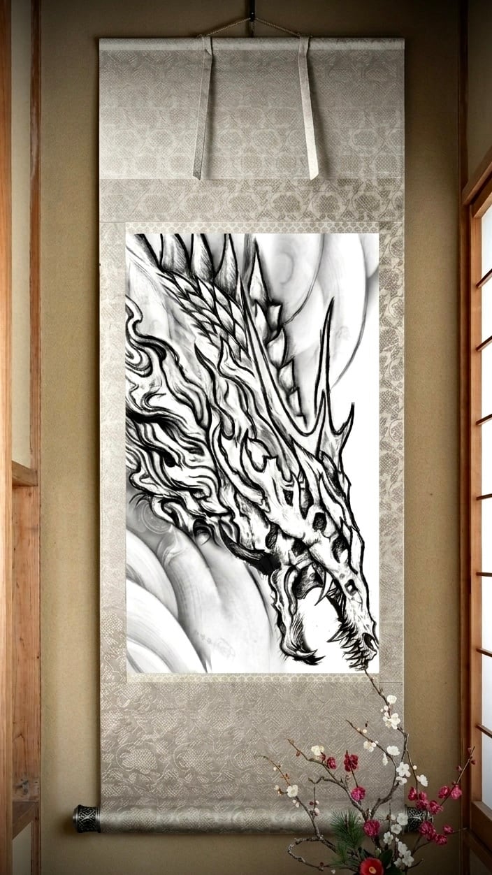 極美品！タトゥーラセット 掛け軸 Skull Dragon 骸骨 龍 タトゥーデザイン 掛け軸, 日本美術工芸