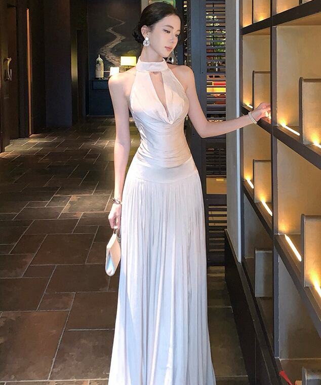 ロングドレス レディース ハルターネック キーホールカット