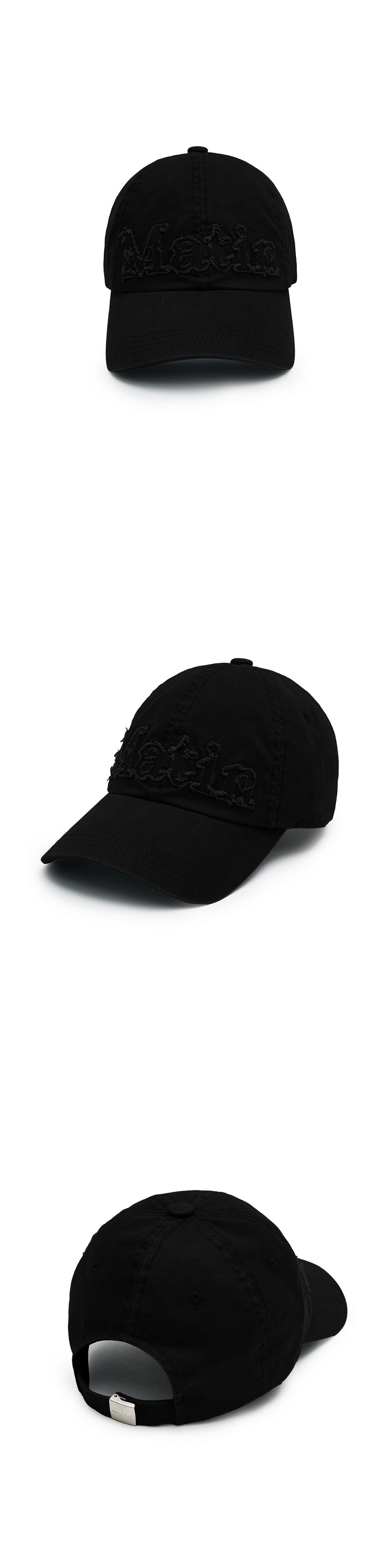 ★Hearts2Hearts エイナ 着用！【MATIN KIM】ROUGH CUT APPLIQUE BALL CAP IN BLACK