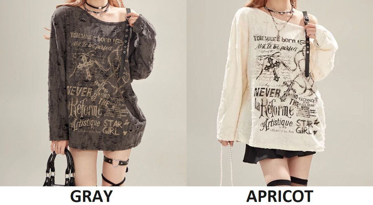 d.i.a オフショルダー長袖トップス グラフィックプリント ロンT tシャツ 肩ベルト オフショルダー グレー グラフィックプリント