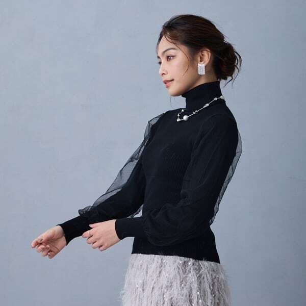 チュールスリーブ タートルネックニット 215332