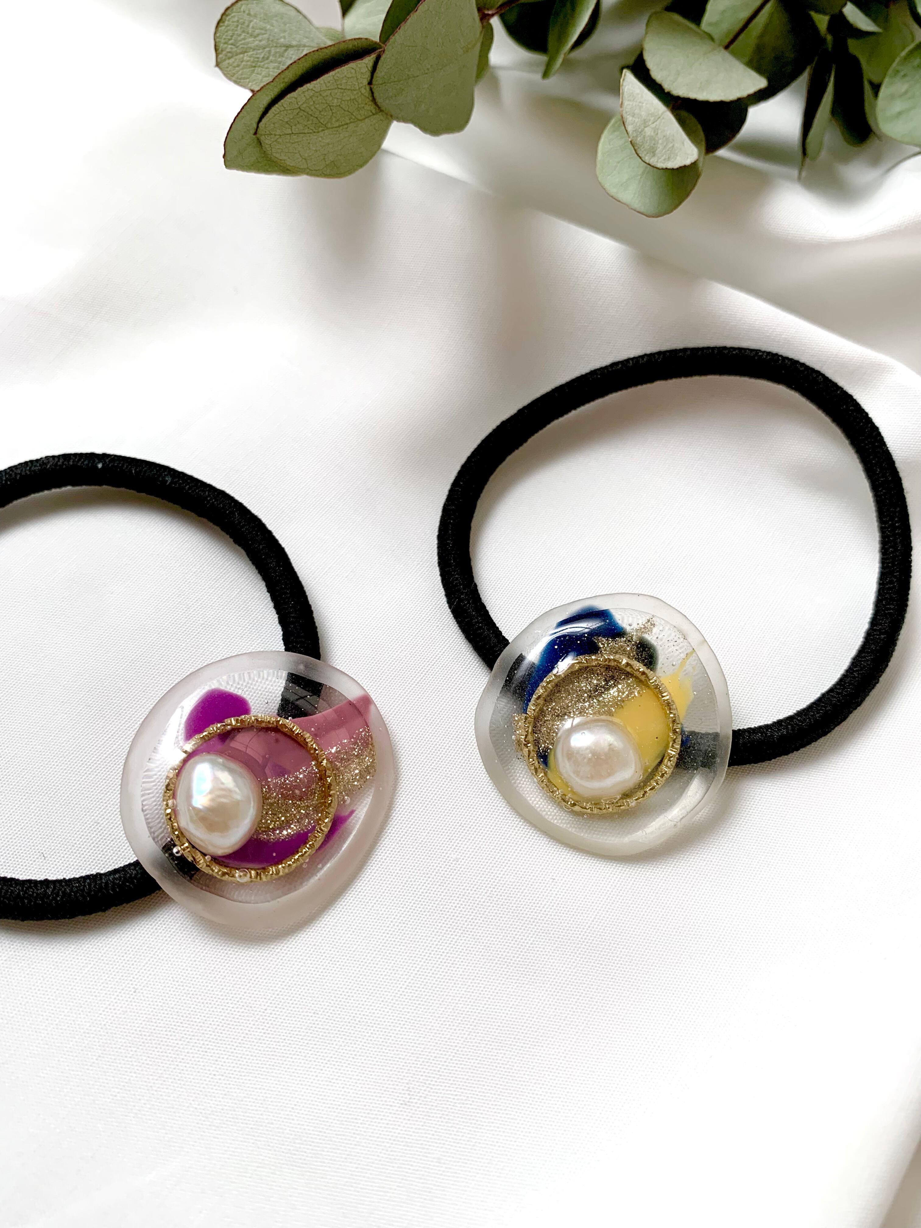 paint！大粒淡水パールレジンヘアゴムblueorpink