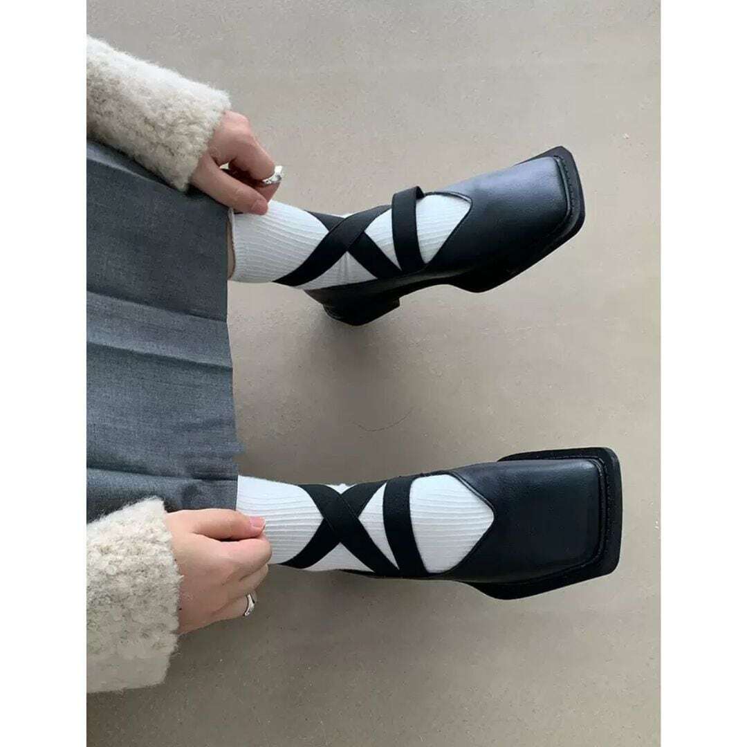 square toe strappy leather shoes <4colors>