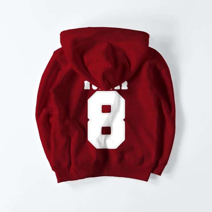 【キッズ】8（エイト）カレッジロゴプリントプルオーバーパーカー バーガンディー×ホワイト