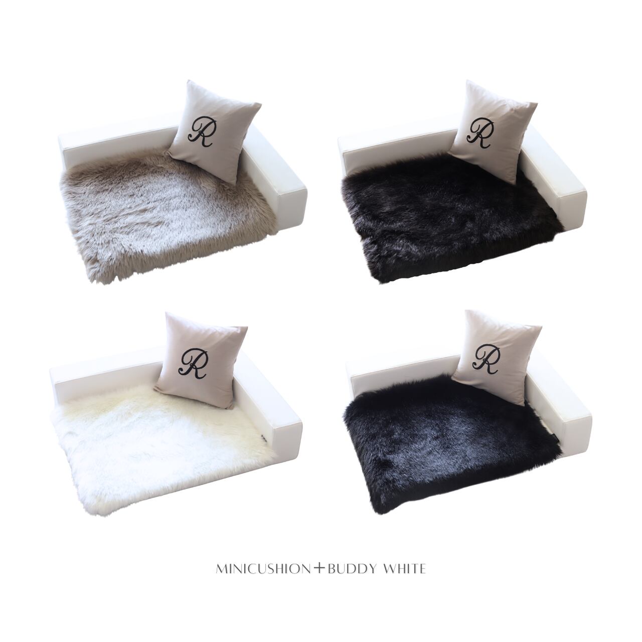 BUDDYベッド・ブラック＆刺繍ミニクッションとコーディネート