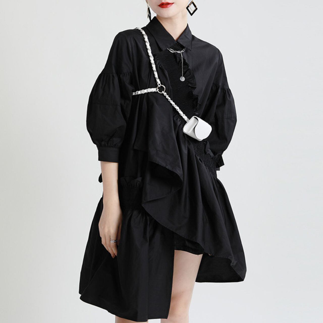 Flowing Frill Shirt 0ne Piece / Black