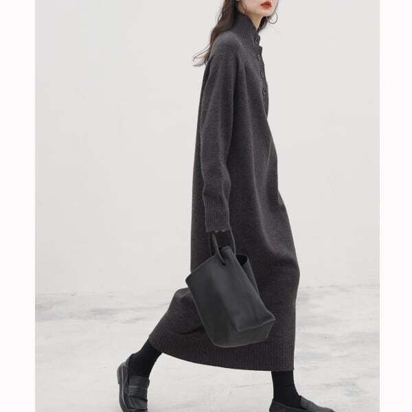 ・Button high neck long knit Dress 21436