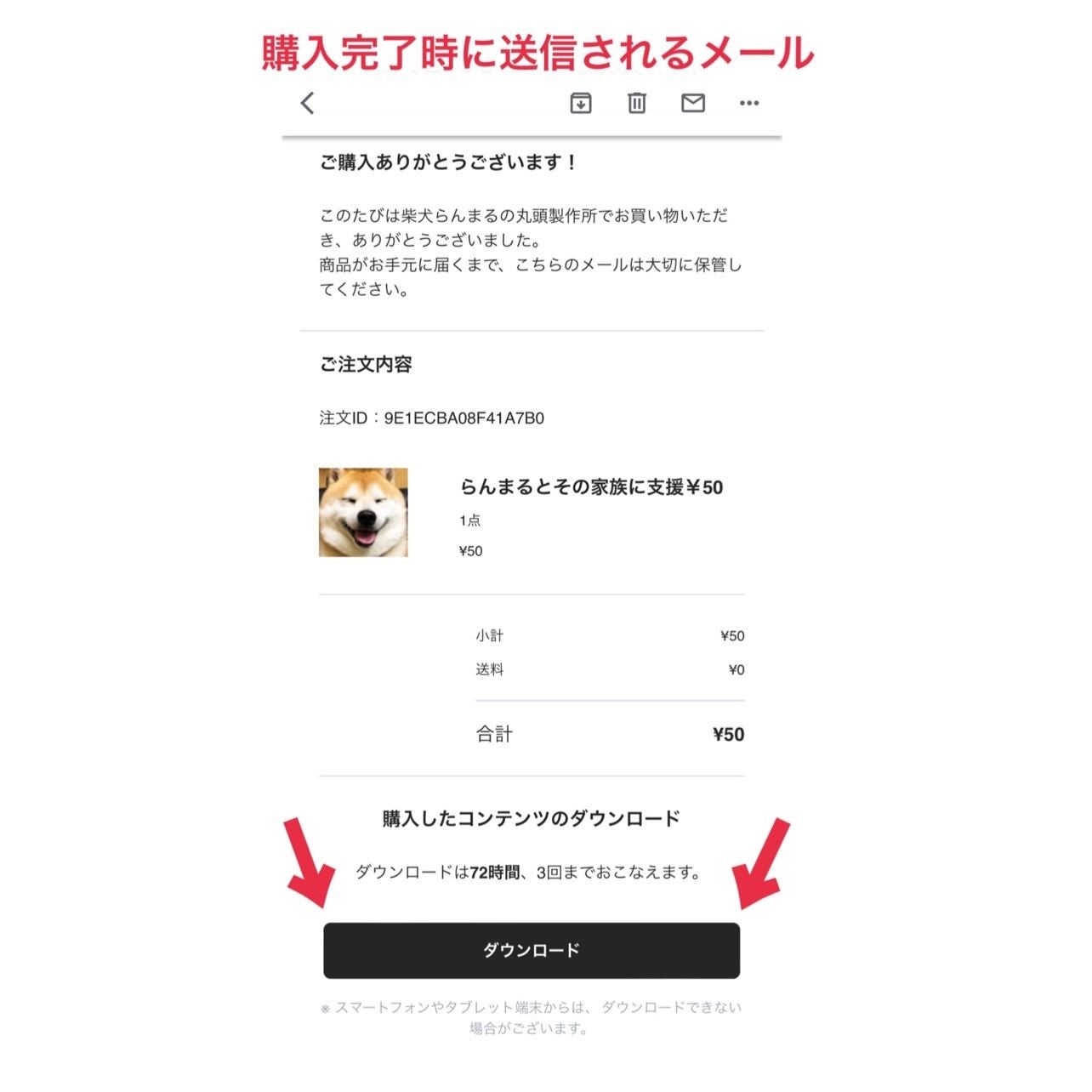 ①購入完了メールを開く ②ページ下部の「ダウンロード」と書かれたボタンを押す