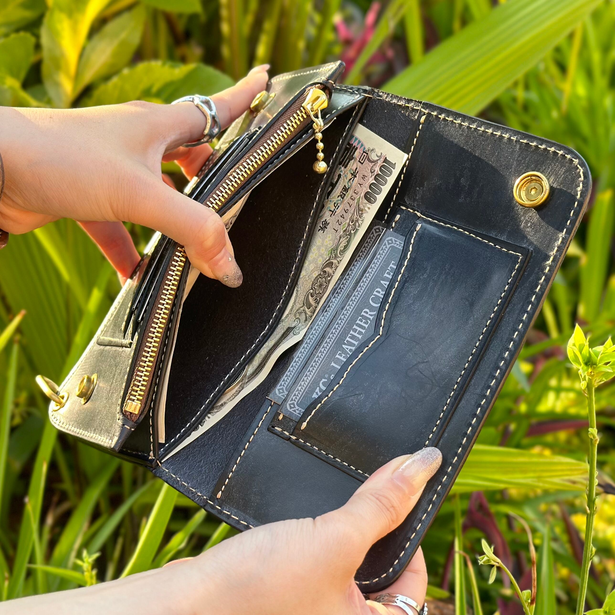 ミドルトラッカーウォレット 栃木レザーブラック 真鍮 トラッカー