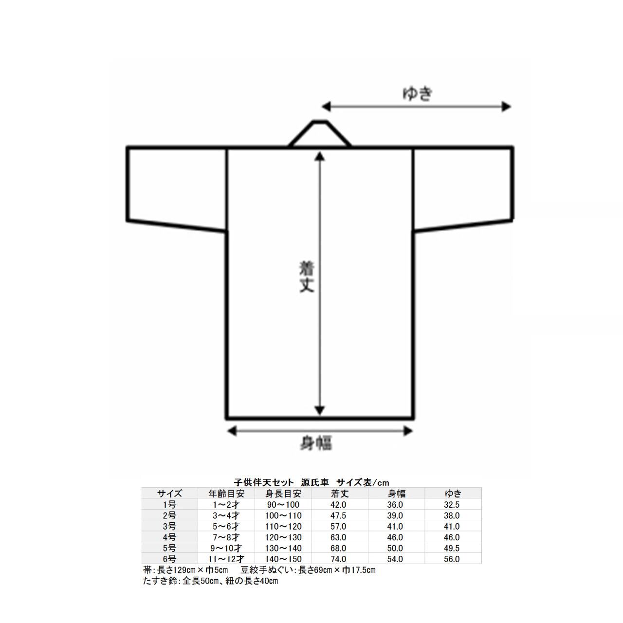 源氏車柄 子供伴天セット 豆絞りと帯付き 2号サイズ】半天 はんてん