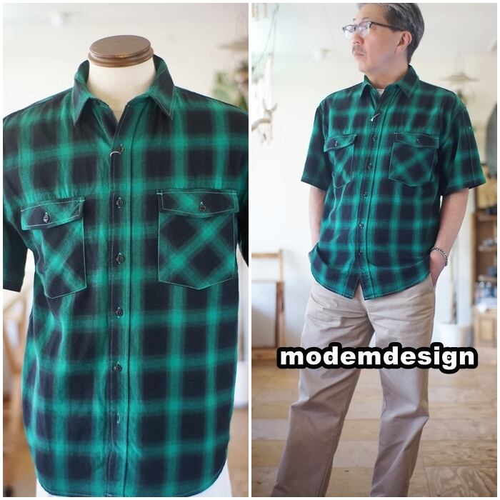 modemdesign モデムデザイン　半袖オンブレチェックシャツ　M modemdesign モデムデザイン 半袖オンブレチェックシャツ 半袖ワーク
