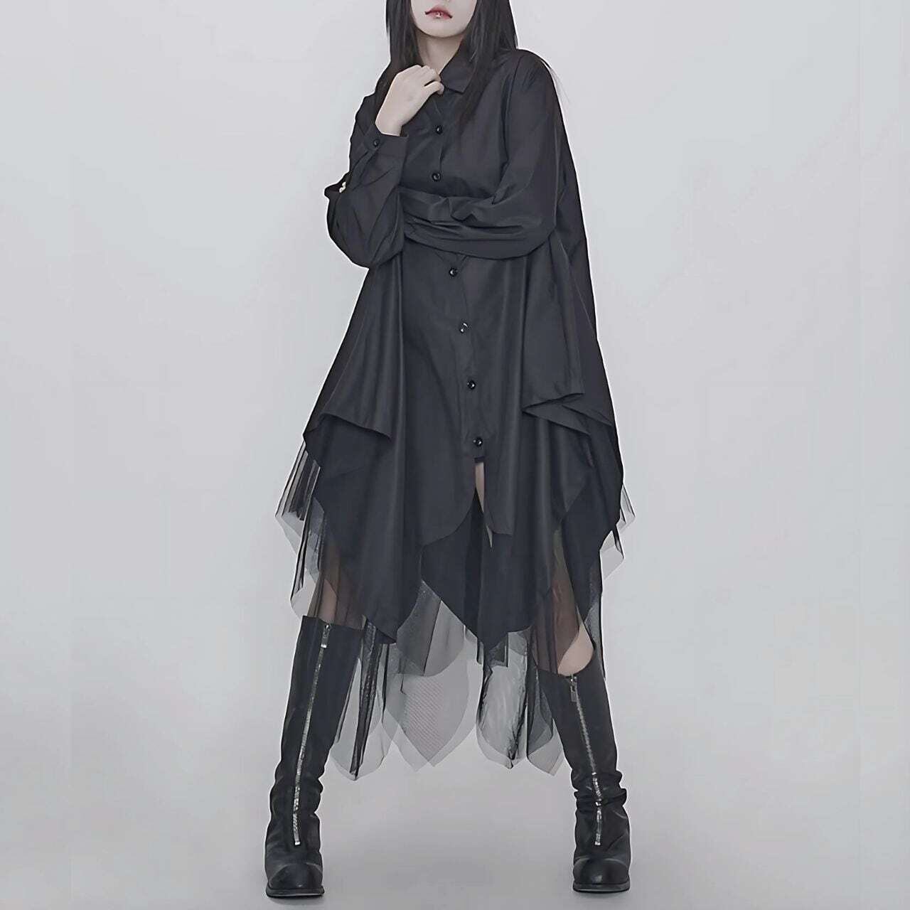 Irregular double layer mesh shirt dress C0397