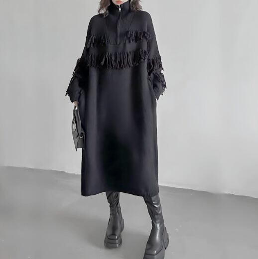 Tassel knit mid-length dress C0395