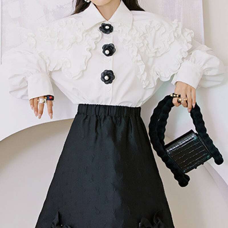 retro girly flower button white shirt 0876