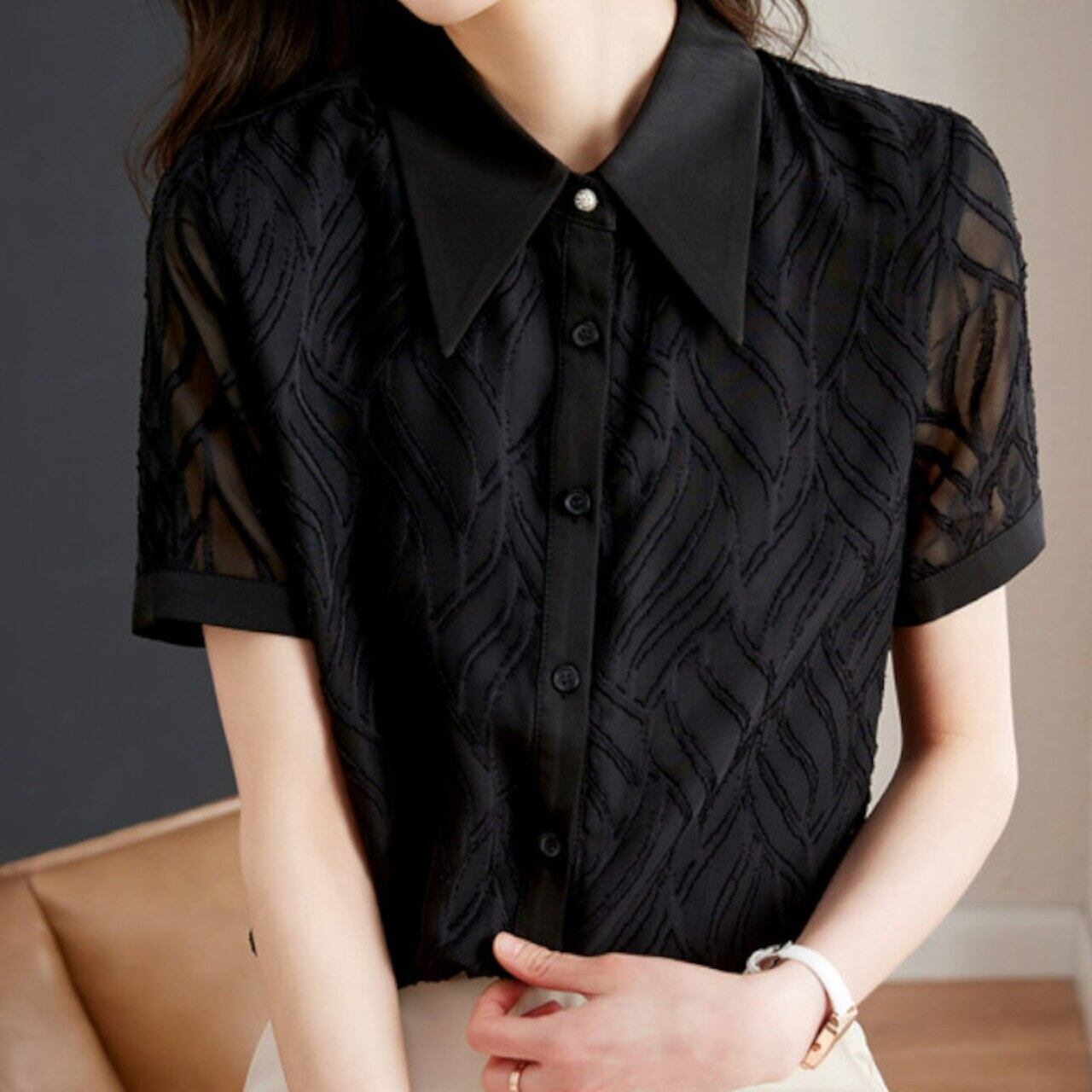 シースルーブラックシフォンブラウス W00404