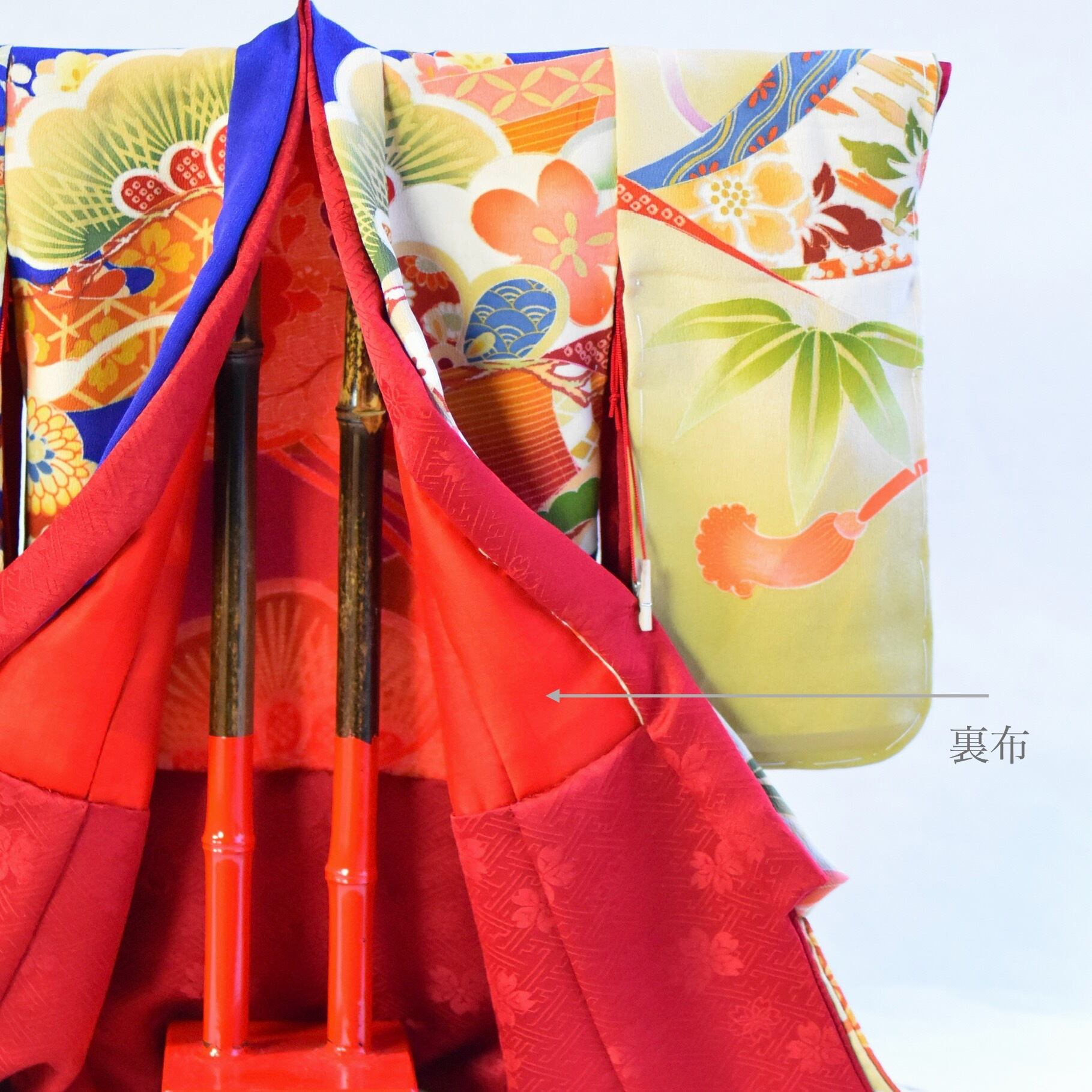 こべべ裏地　＝レトロ感が増す、赤い紅絹(もみ)の布地　☆昔は女物の裏地によく使われていた紅絹