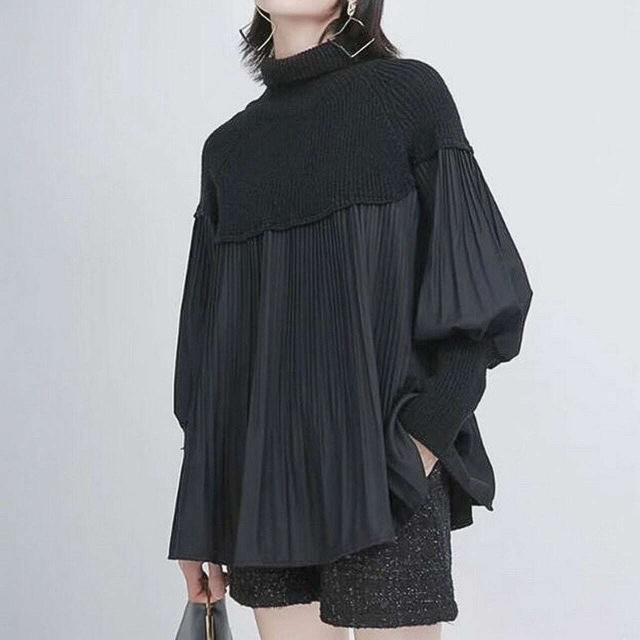 Lantern sleeve high neck tops C0600