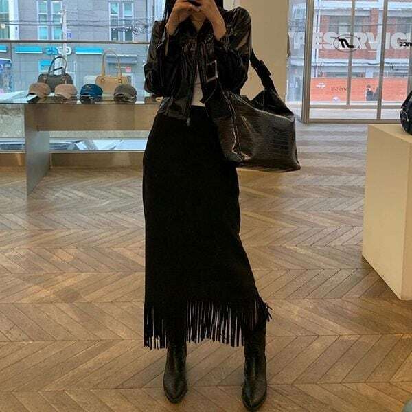 Back Slit Fringe Skirt 500742