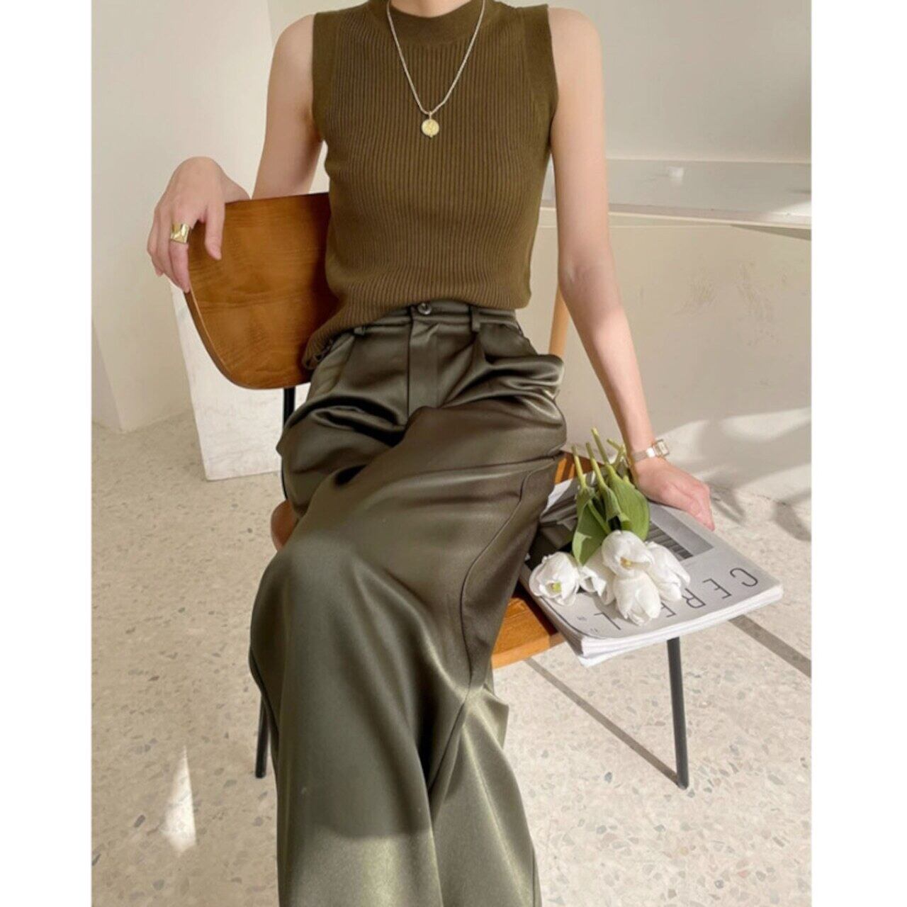 ハイウエストサテンワイドパンツ W00646