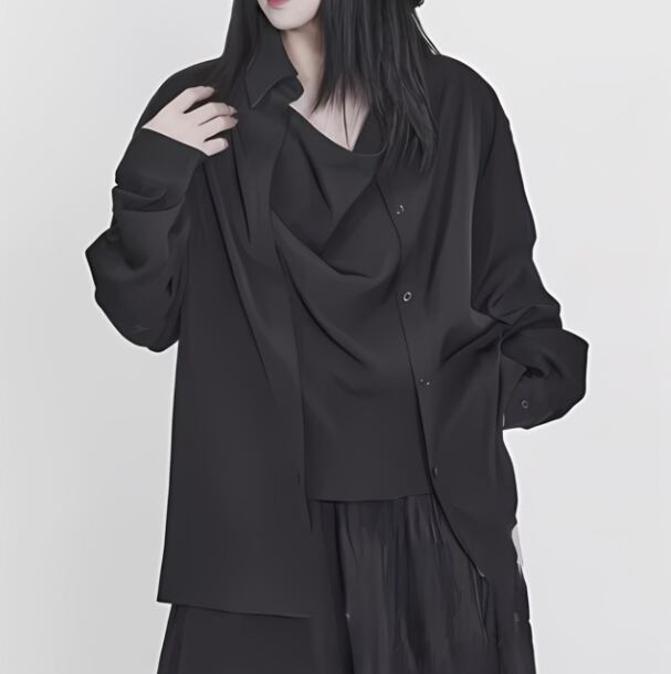 Fake two-piece loose long sleeve shirt C0411