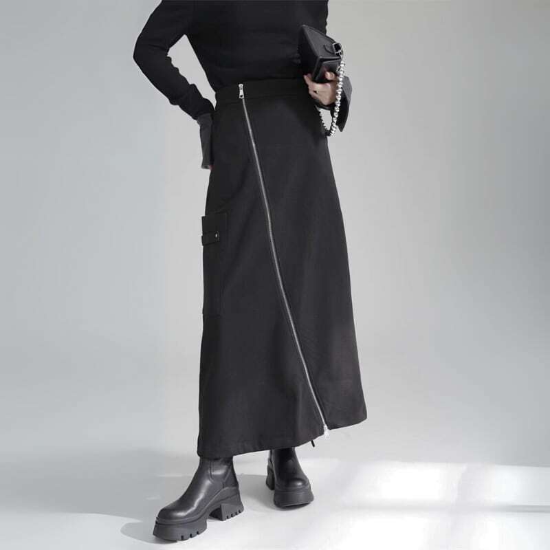 【Zip front straight long skirt C1249】