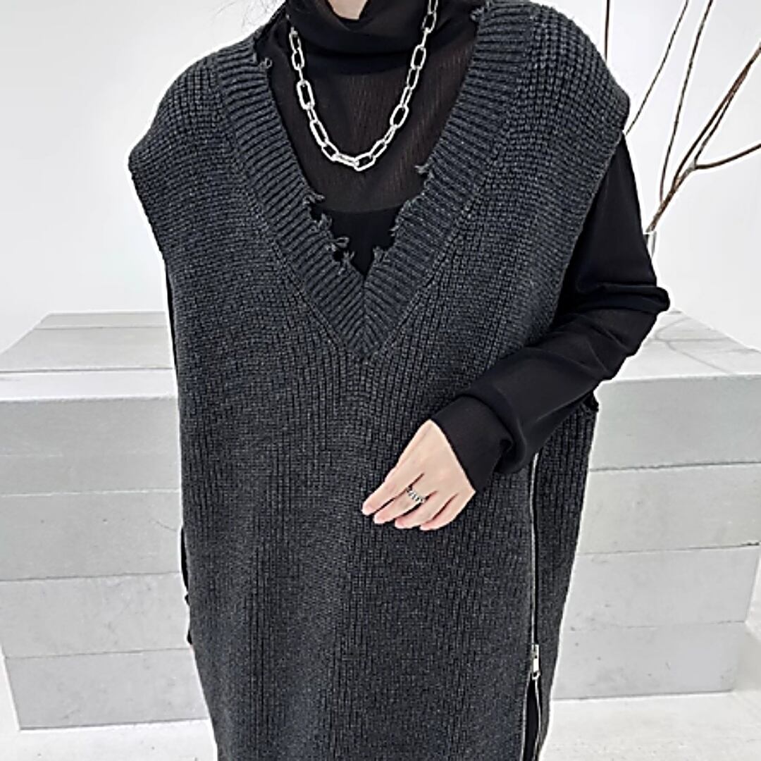 【Side-zip long oversized vest C0086】