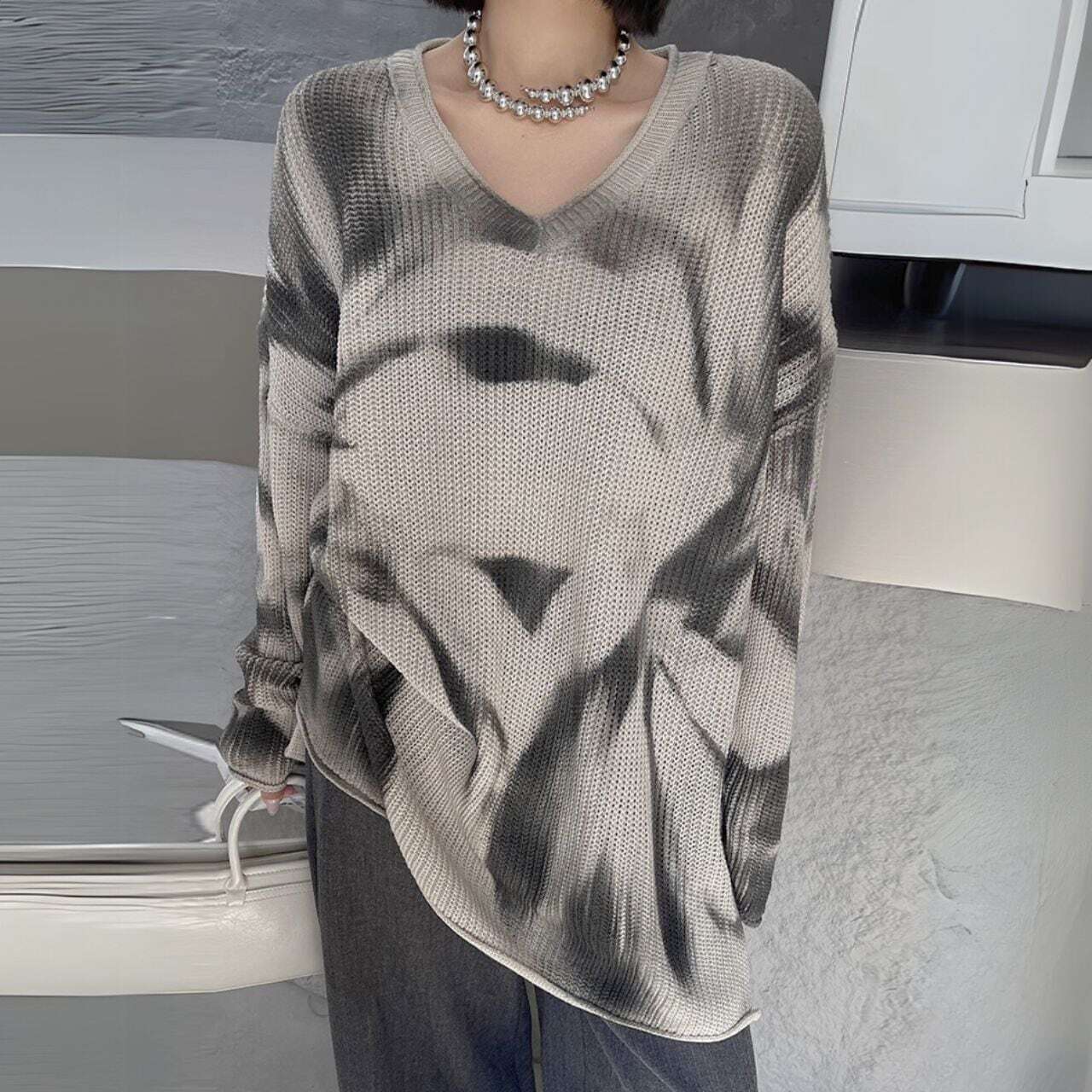 【Graphic print oversized knit pullover C1002】