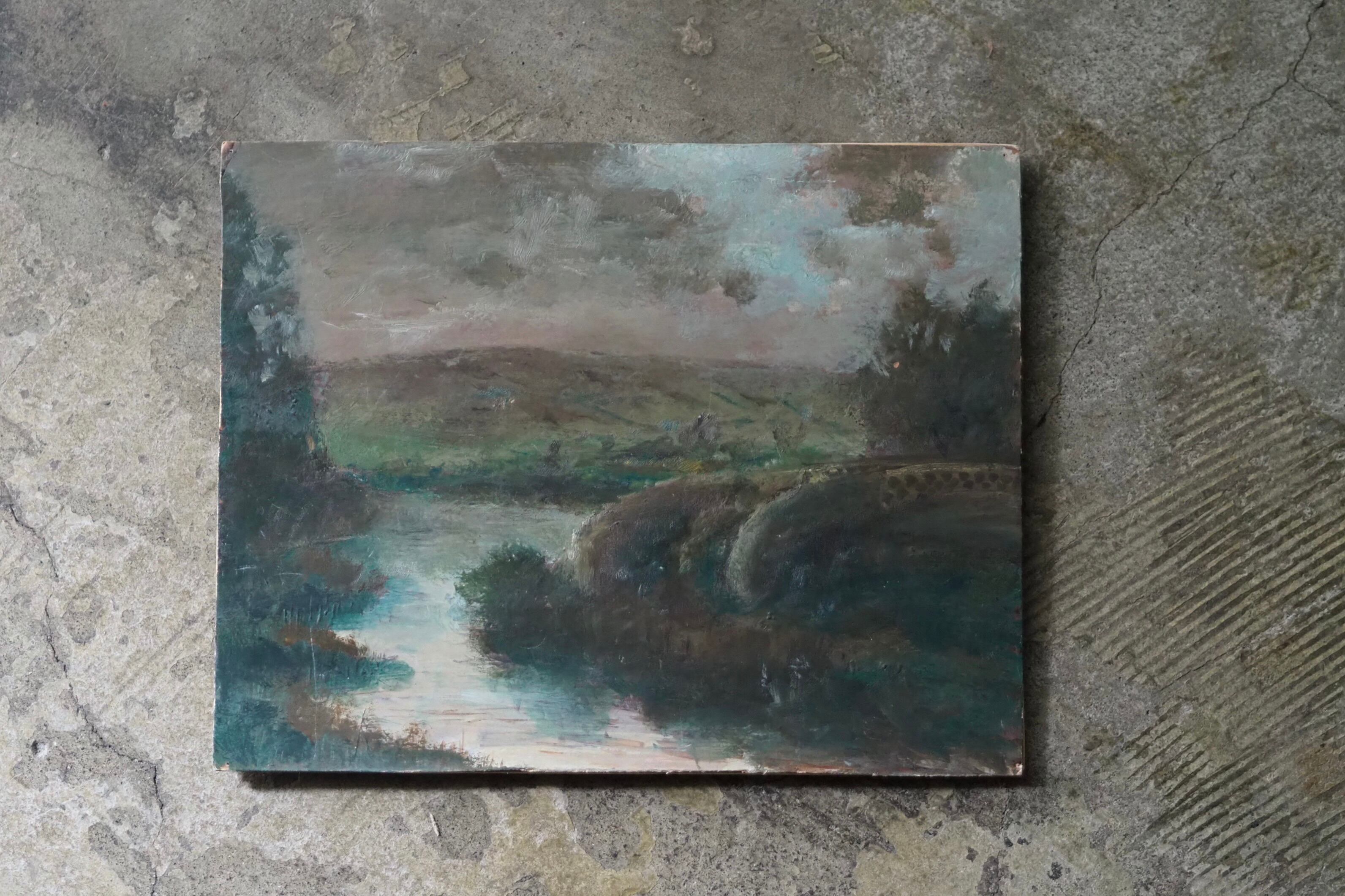 川のほとりの油絵-antique oil painting | アンティーク.ヴィンテージ