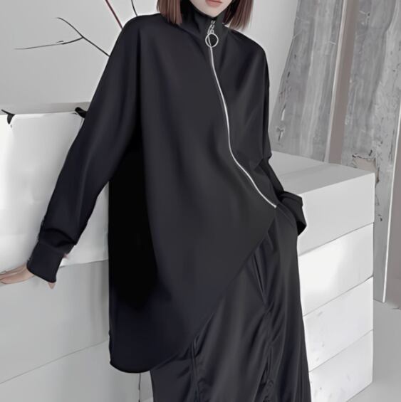 Plain zipper casual top C0521